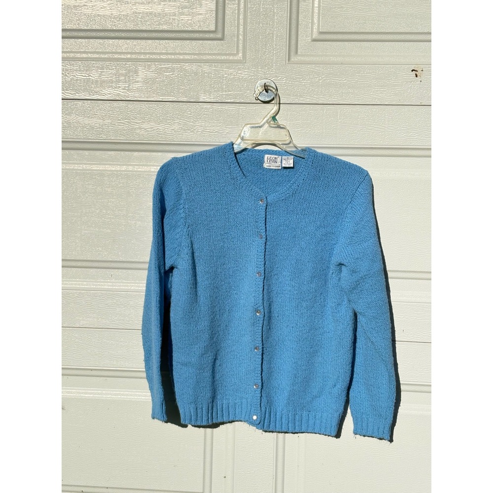 Leon Levin Vintage Sky Blue Hand Loomed Cardigan Sweater Womens Medium Acrylic